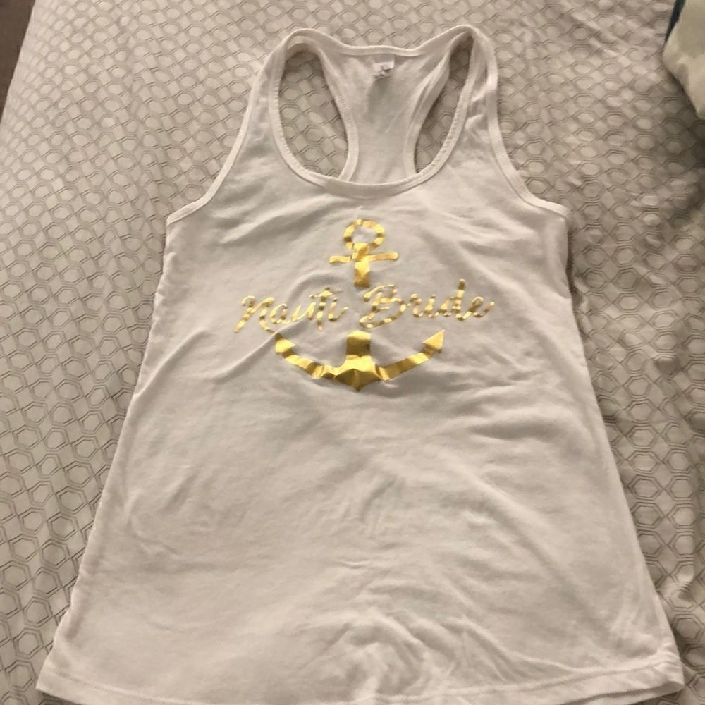 Nauti Bride racerback tank top white with gold S